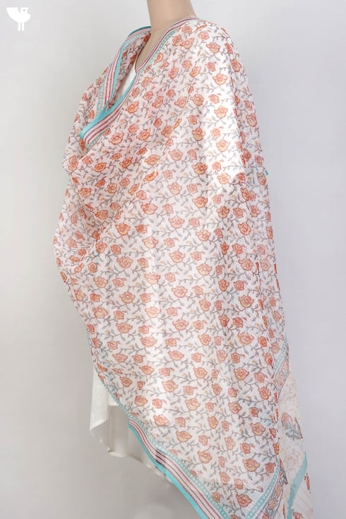 Kota Doria Dupatta With Floral Block Print